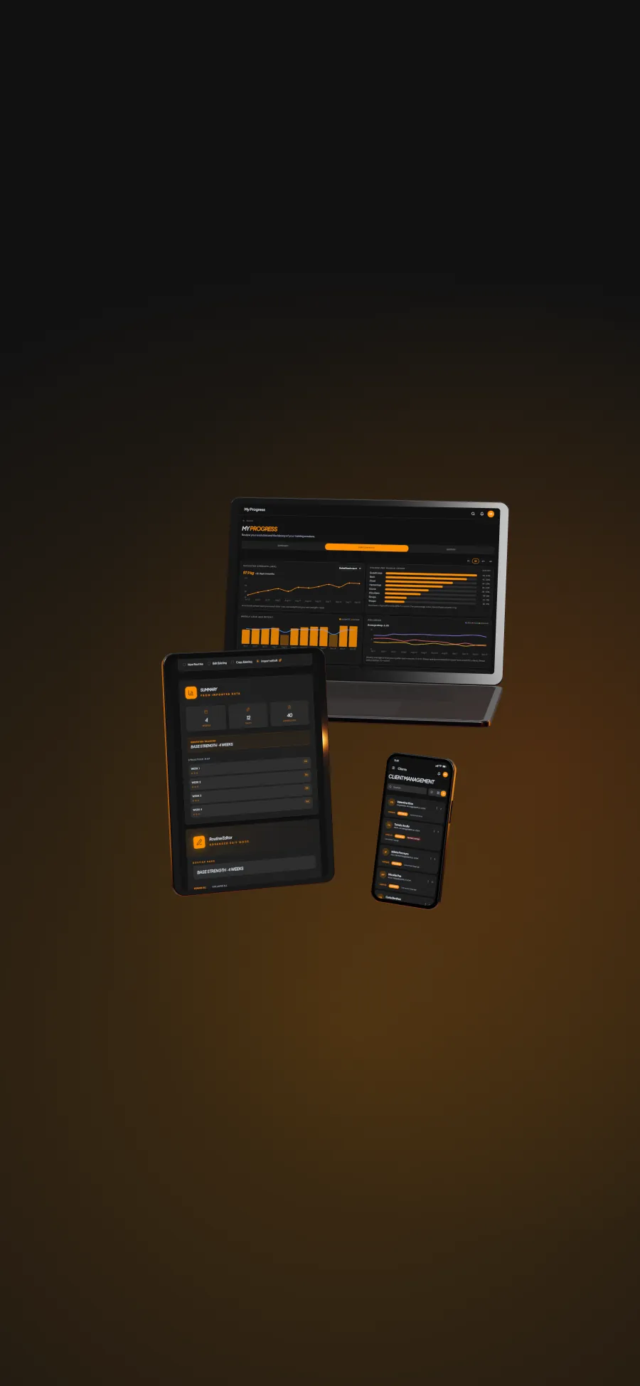 Laptop, tablet and phone showing the Fitness Training Xperience app