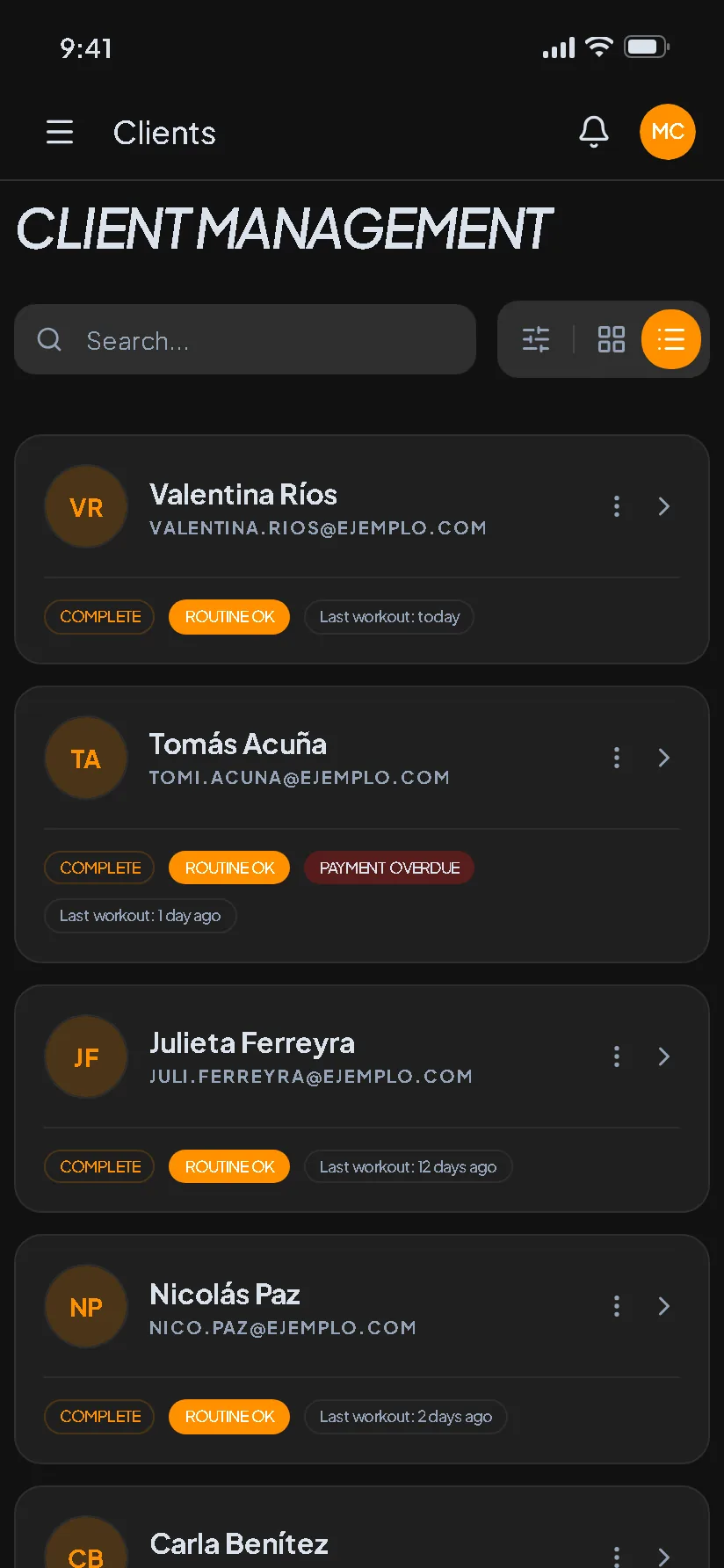 Real app screen: clients (sample data)