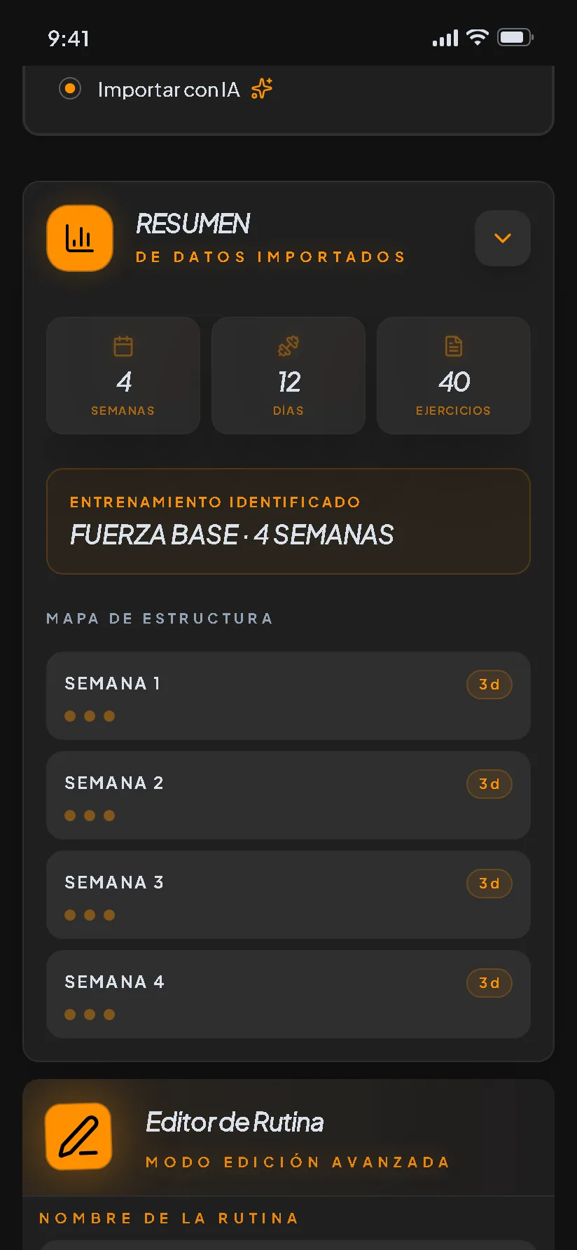 Pantalla real de la app: rutinas (datos de ejemplo)