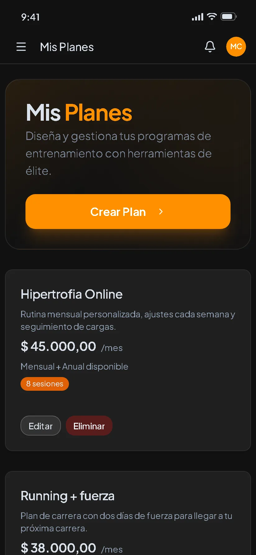 Pantalla real de la app: cobros (datos de ejemplo)