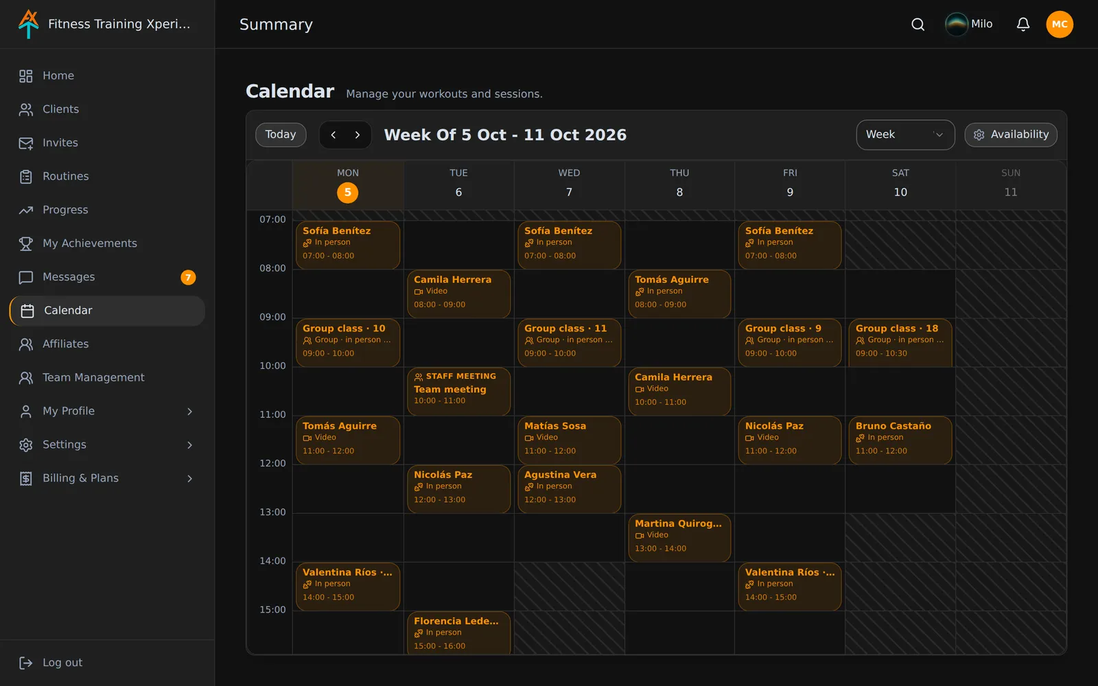 Screenshot of Schedule in Fitness Training Xperience