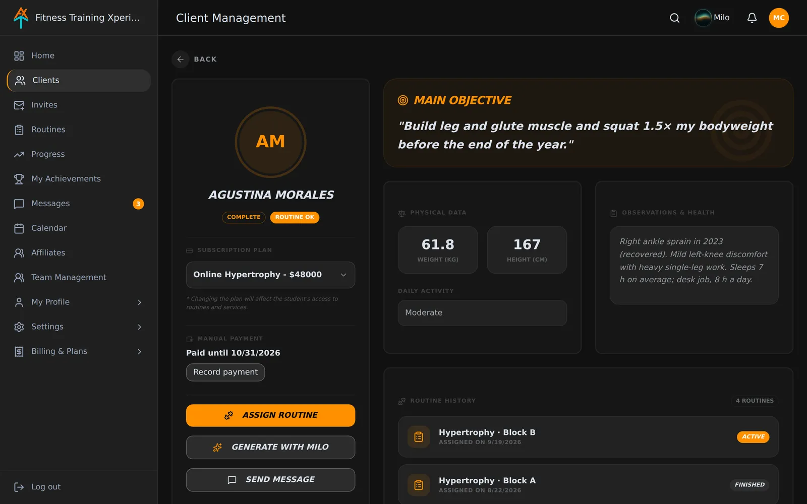 Screenshot of Clients in Fitness Training Xperience