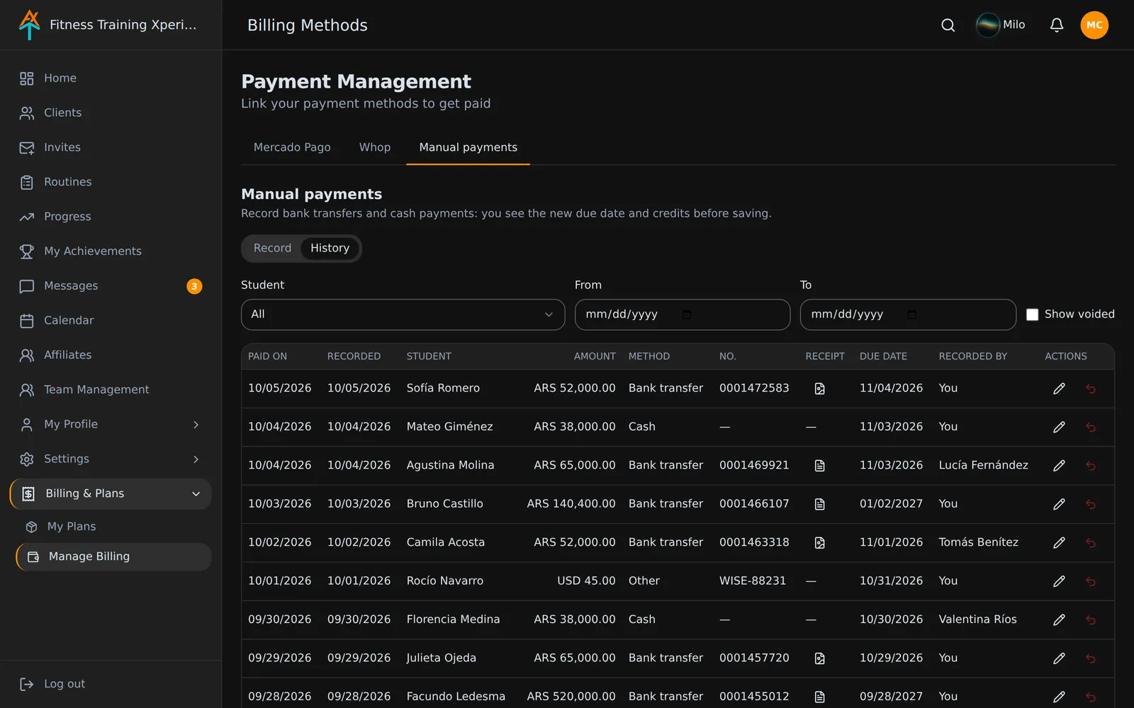 Screenshot of Payments in Fitness Training Xperience