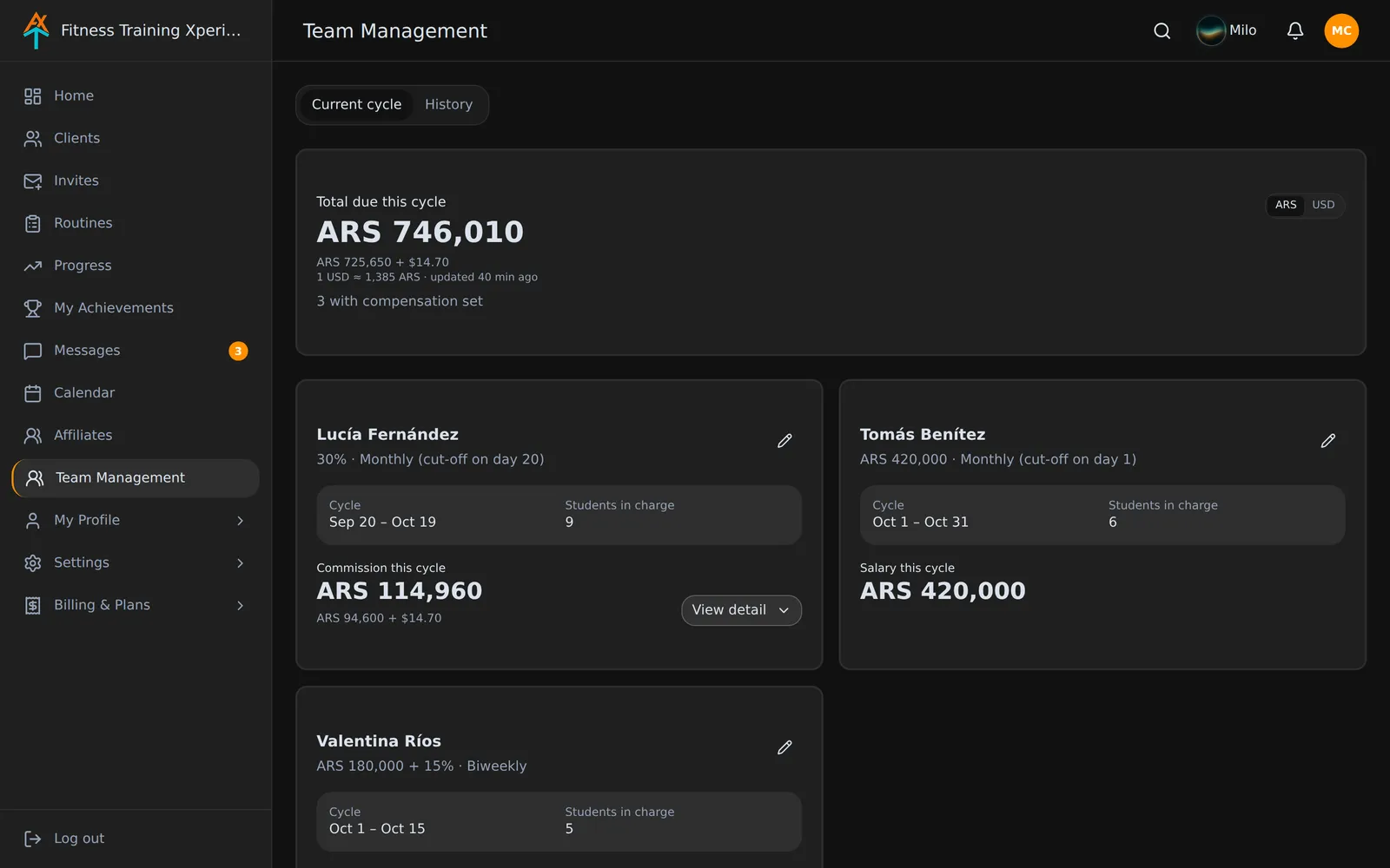 Screenshot of Teams in Fitness Training Xperience