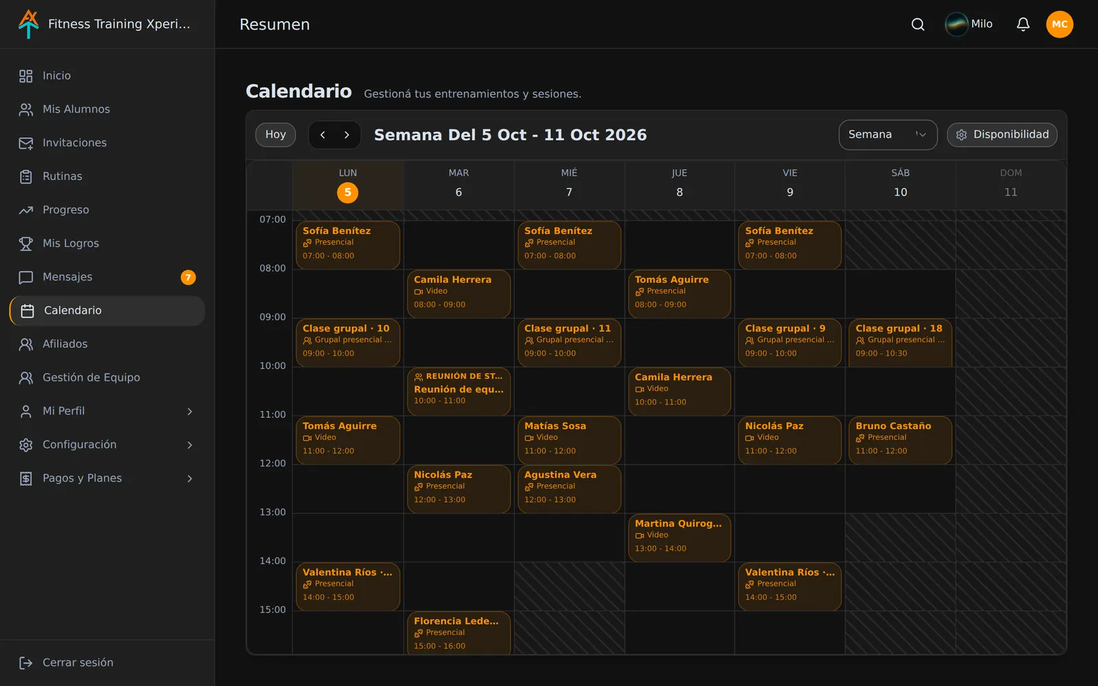 Captura de Agenda en Fitness Training Xperience
