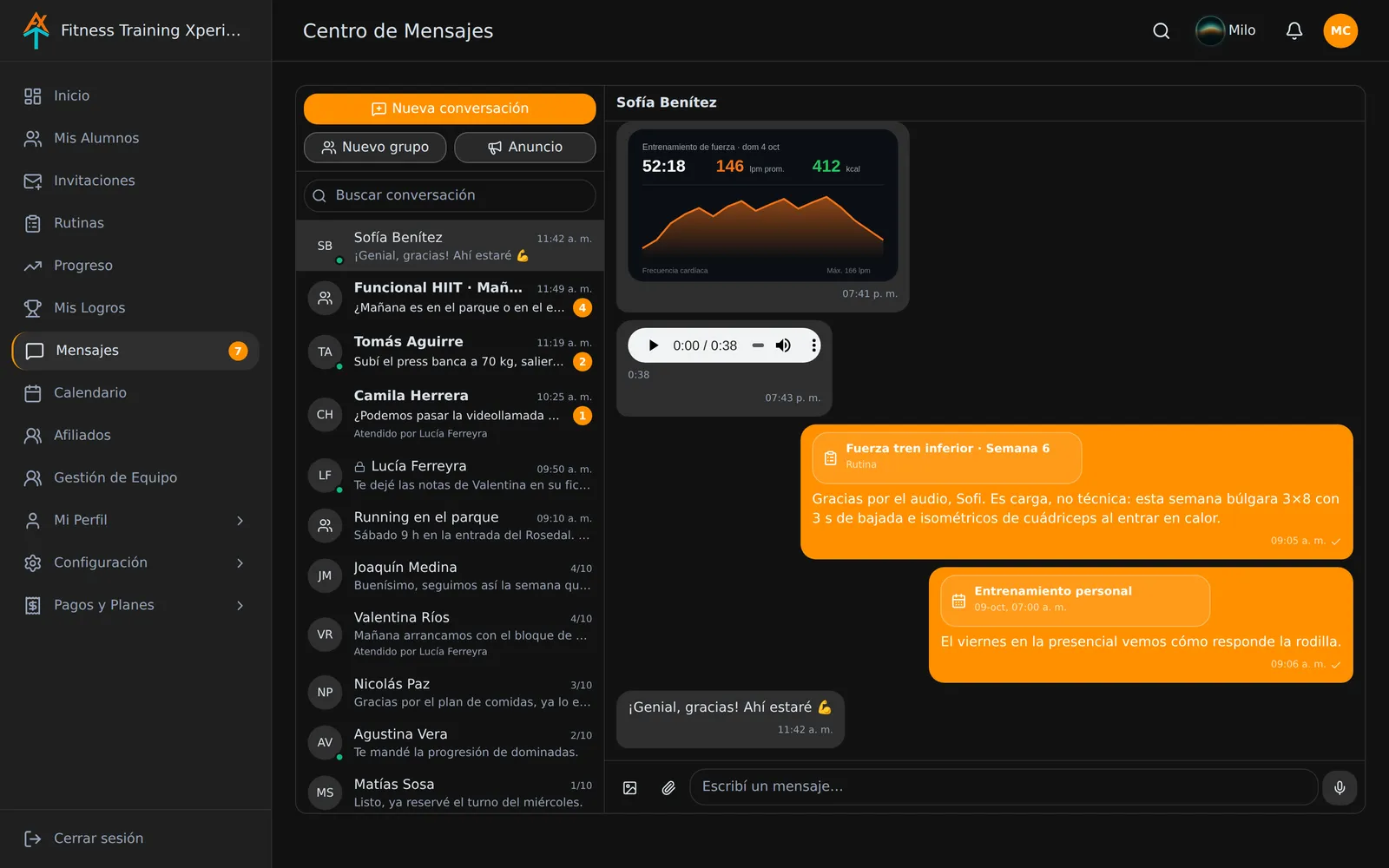 Captura de Chat en Fitness Training Xperience