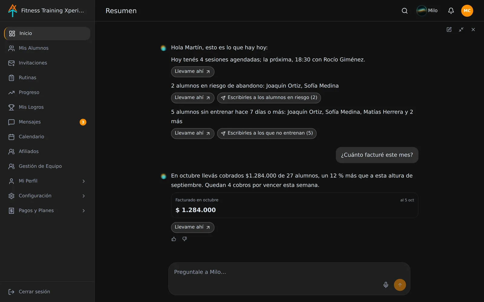 Captura de Milo en Fitness Training Xperience