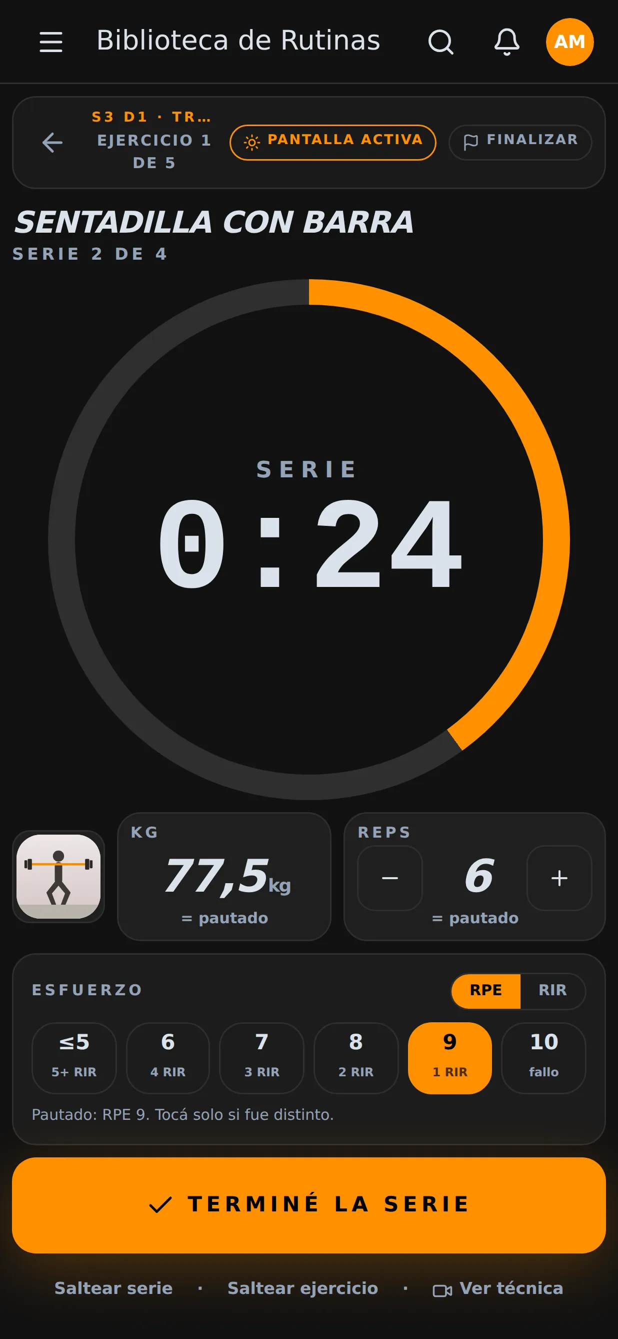 Captura de App del alumno en Fitness Training Xperience
